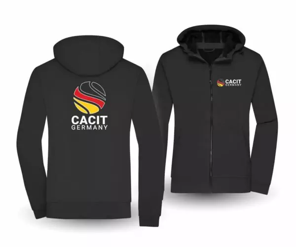 CACIT Germany – Damen-Softshelljacke Schwarz mit Logo Schwarze CACIT-Germany-Damen-Softshelljacke mit Kapuze und Reißverschluss in Vorder- und Rückansicht: vorne kleines farbiges CACIT-Germany-Logo brusthöhe rechts, hinten großes Logo mit weißem Schriftzug „CACIT Germany".