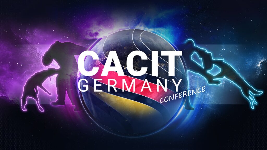 CACIT Germany Conference Banner mit dynamischem Design, Silhouetten von Hundeführern und Hunden sowie einer stilisierten Erdkugel.