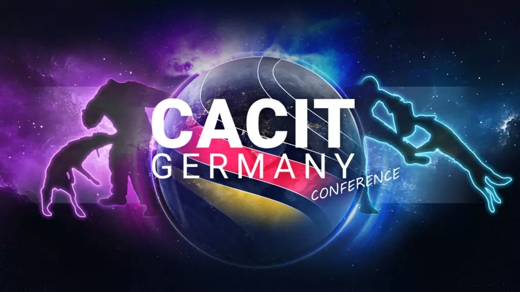 1920x1080 alt 1 1 CACIT Germany Conference Banner mit dynamischem Design, Silhouetten von Hundeführern und Hunden sowie einer stilisierten Erdkugel.