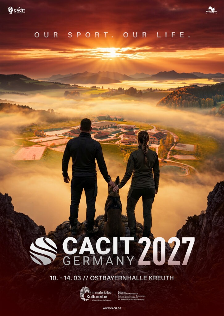 CACIT Germany 2027 Plakat mit zwei Personen und einem Gebrauchshund vor Alpenpanorama bei Sonnenaufgang über der Ostbayernhalle Kreuth